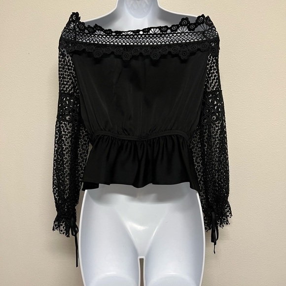 Self Portrait Womens Black Silk Blend Floral Lace Off The Shoulder Blouse US 6 - Picture 6 of 10